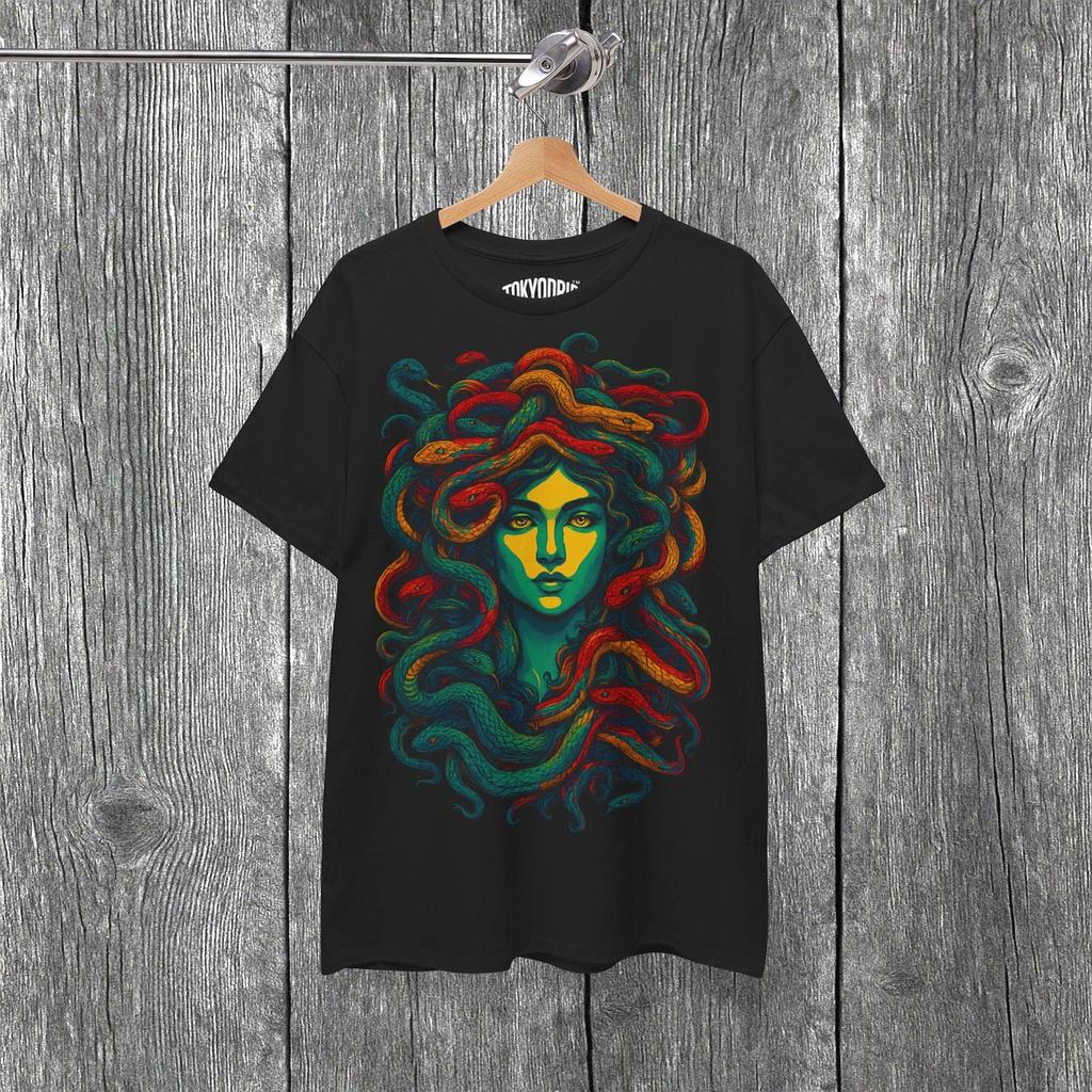 Psychedelic Medusa T-Shirt: Neon Snakes, Dark Myth Art