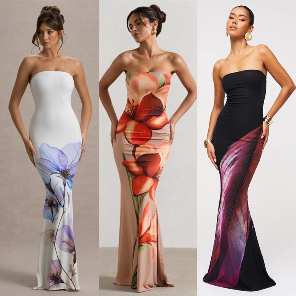 Women's Strapless Sleeveless Mermaid Maxi Dress Slim Elastic Waist Tropical Floral Milk Silk Micro Elastic Backless Party Evening Long Dress