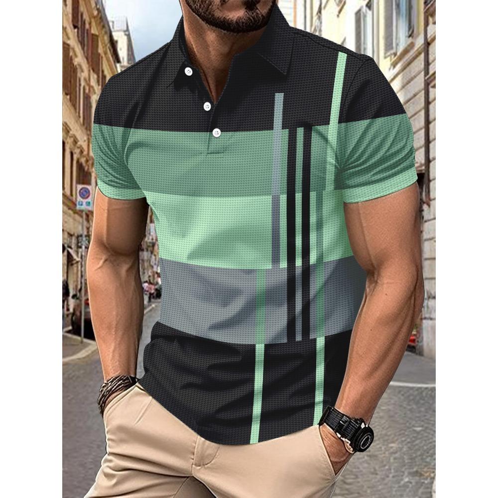 Summer Men's Casual Striped Printed Short Sleeved Polo Shirt