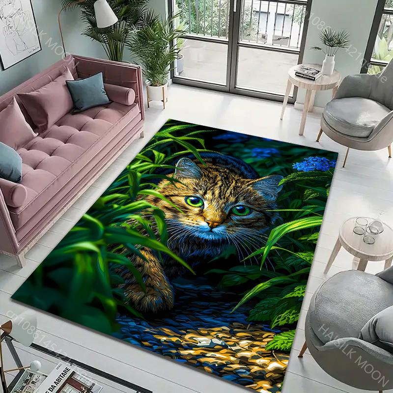 1PC Kitten Under Green Leaves Pattern Carpet for Living Room Bedroom Sofa Home Decor Non-slip Floor Mat Large Size Luxury Gift