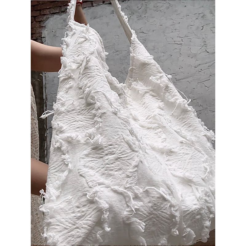 

Винтажная кисточка, большая вместимость, хлопок и лен, повседневная холщовая сумка Pure White