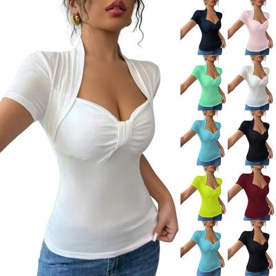 Donna -colore Girocollo Manica Corta Top Maglietta Strato di Base Camicia