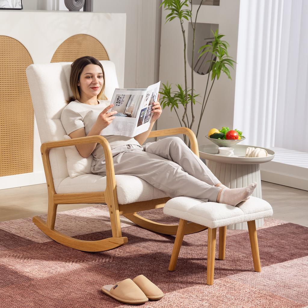 Rocking Chair with Footstool, Fleece Cover, High Backrest, Wooden Legs, Foot Pads, White