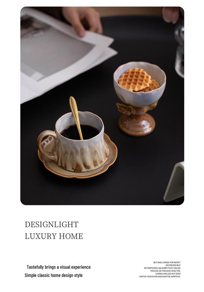 French Retro Ceramic Coffee Cup and Saucer Set with Ice Cream Bowl and Creative Leaf Design