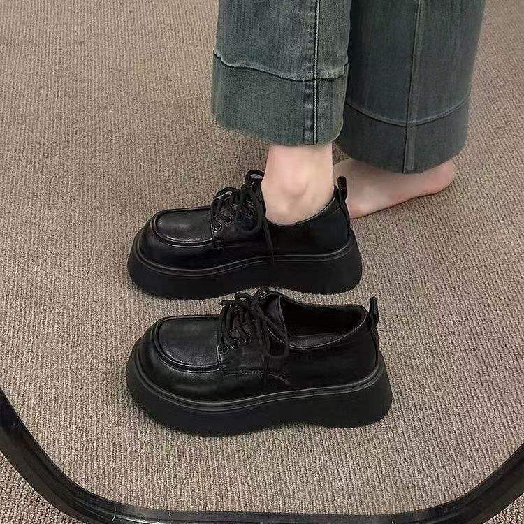 British style big head small leather shoes women's autumn black lace-up loafers retro single shoes