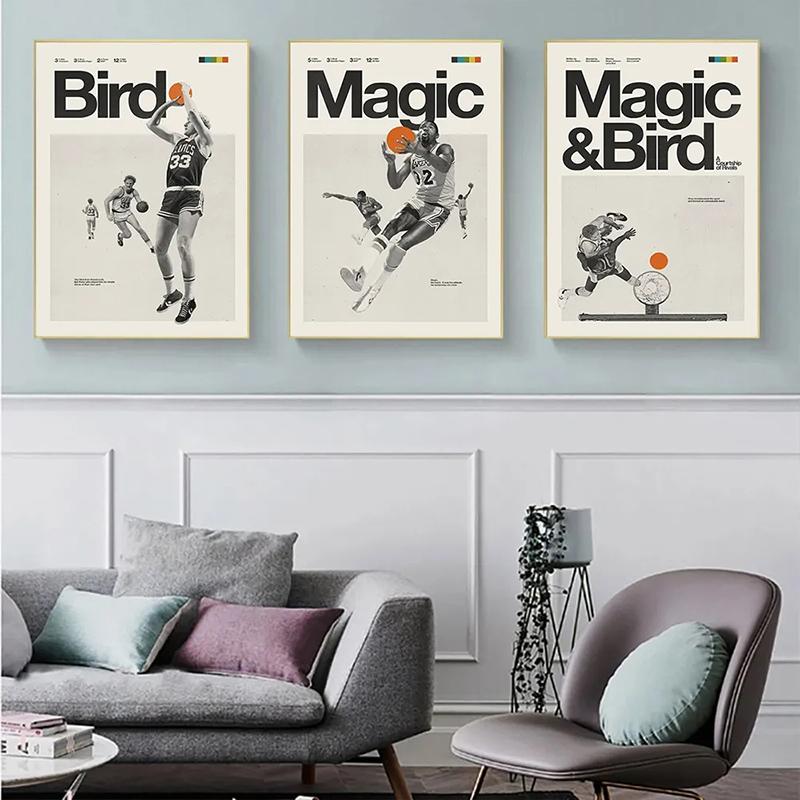 Magic Johnson & Larry Bird Inspired Poster Basketball Sports Canvas Painting Medieval Black and White Pictures Office Room Decor