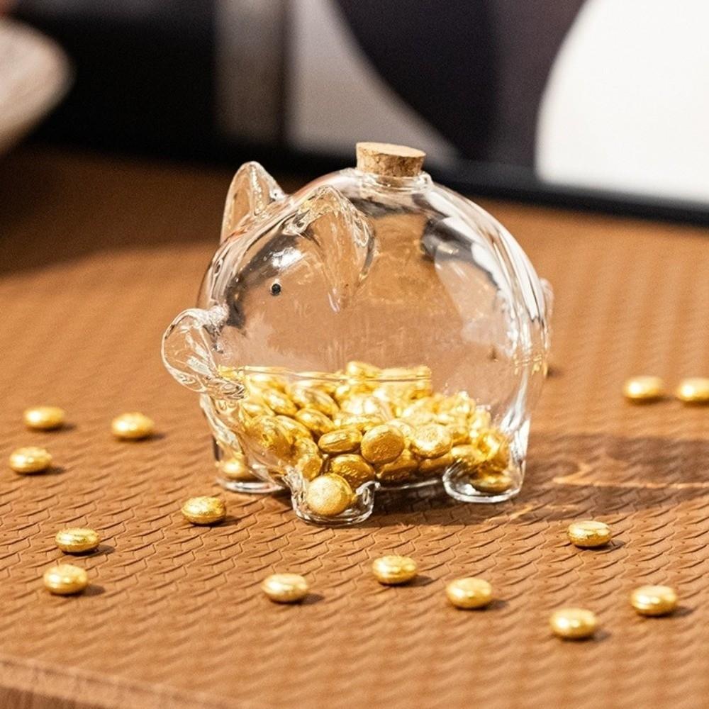 Transparent Coins Saving Box Cartoon Glass Money Jar Multi-purpose Piggy Money Bank Home Storage