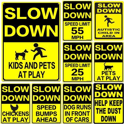 Retro-Metallblechschilder „Slow down“, „Kinder und Haustiere beim Spielen“, Vintage-Poster für Zuhause, Garten, Bar, Männerhöhle, Café, Büro, Wanddekoration, Geschenk