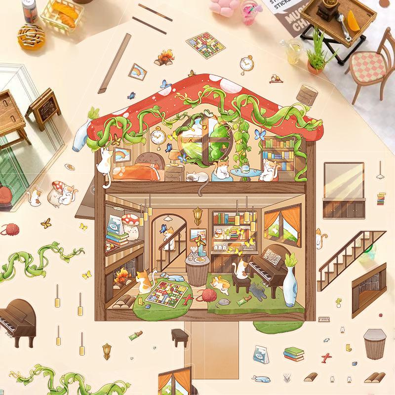 Cartoon Landscape Sticker Cat House Scene 3D Three-dimensional House Unzip DIY Scene Handbook Sticker