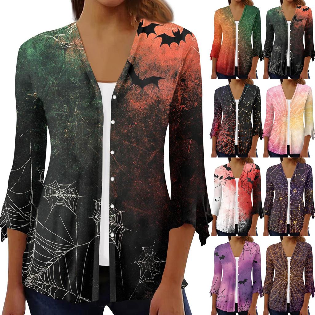 Damen Locker Lässig Bedruckt Siebenärmel Knopfleiste Hemd Strickjacke Top