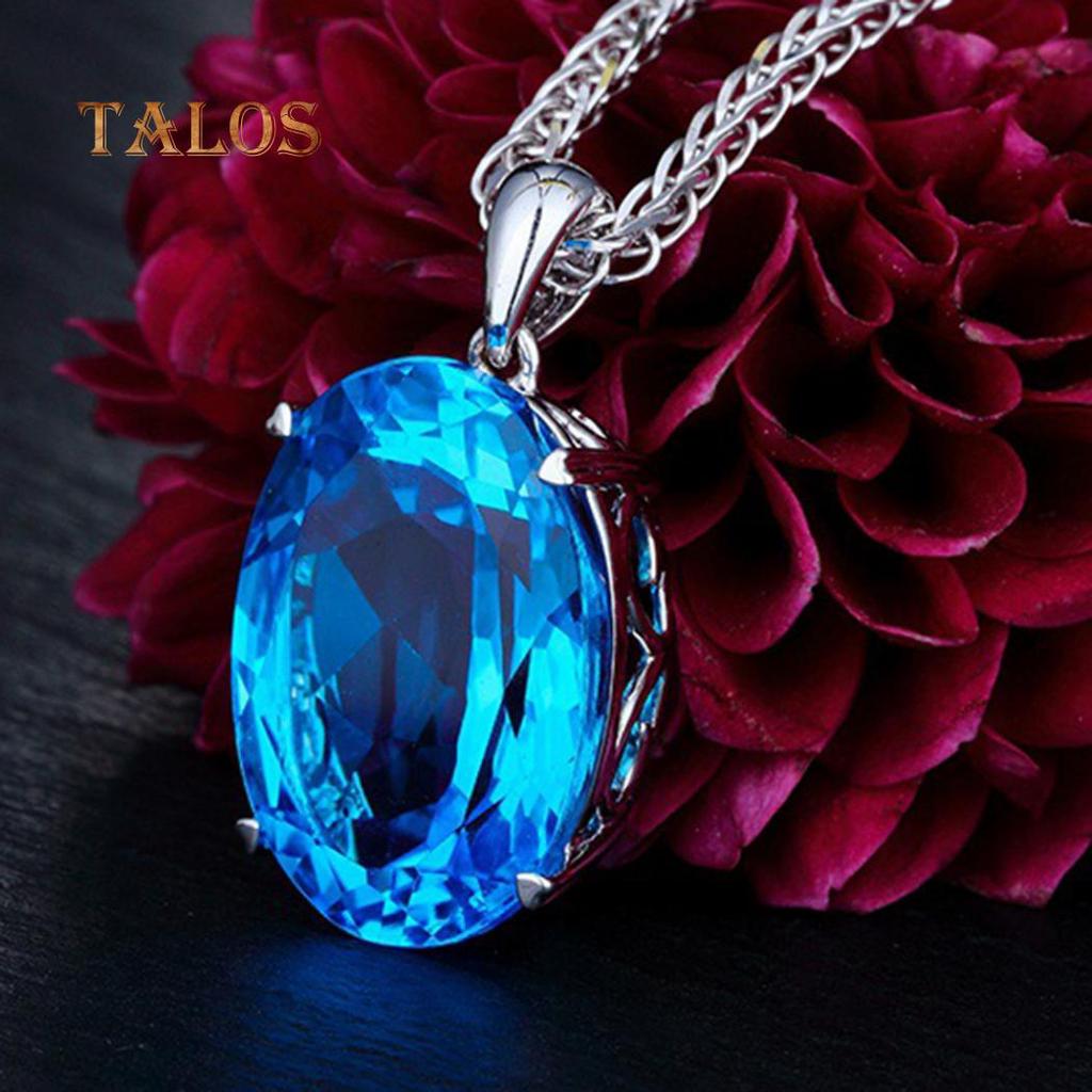 Lab-Created Blue Topaz Pendant Necklace – Oval Gemstone, Platinum Plated, 18"