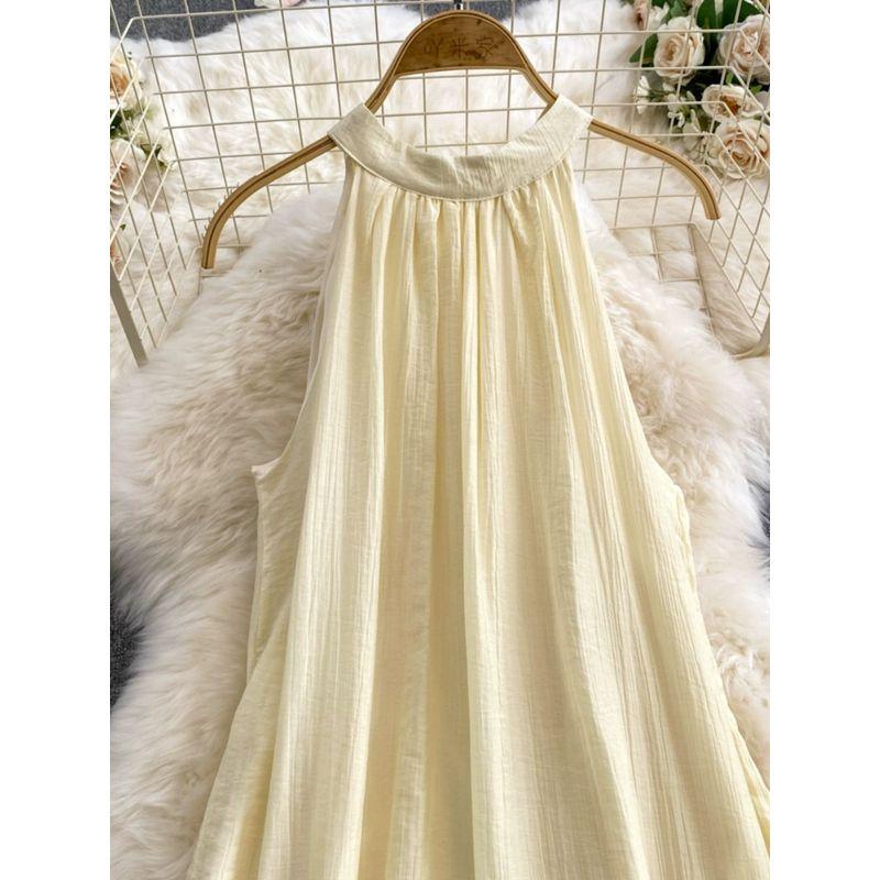 Vacation Style Long Dress Women's French Style Fancy Halterneck Skirt Summer Lace Hollow Dress Gentle A- line Skirt