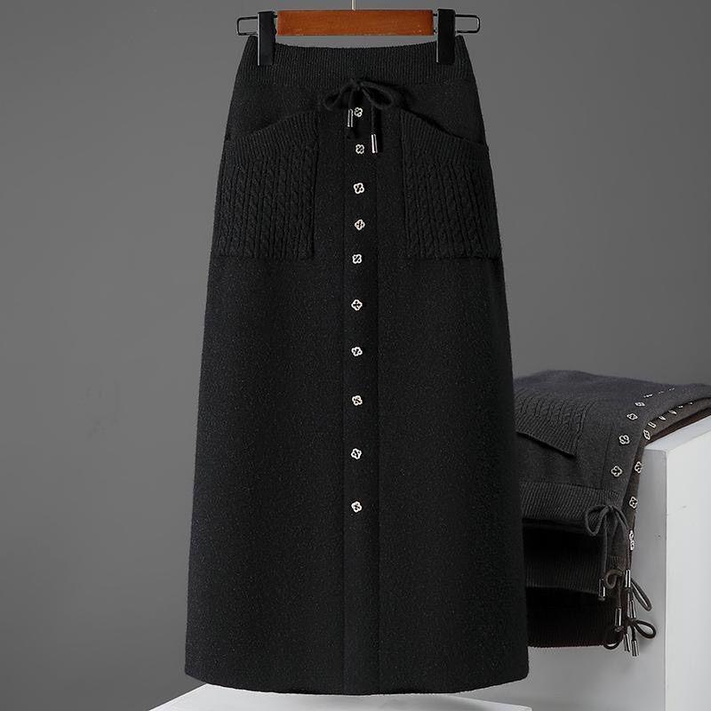 Elegant High Waist Knitted Wool A-line Skirt for Women - Slimming Mid-length, Petite Fit, Autumn/Winter Style
