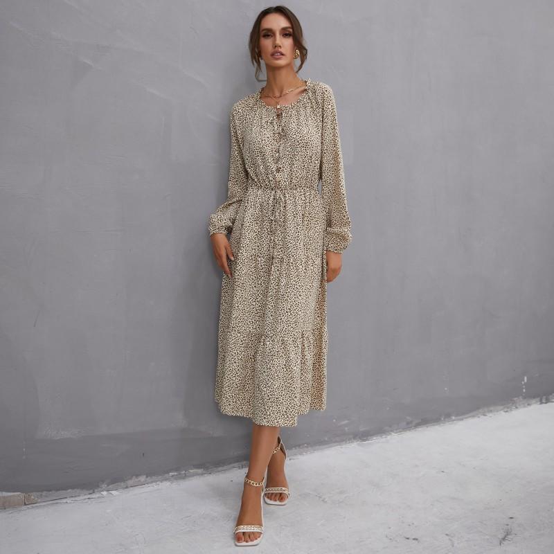 YYFS Robes décontractées à manches longues et col rond pour femmes, mode été printemps imprimé léopard