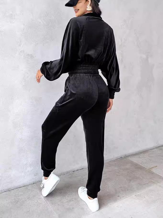 Women's Autumn 2024 Gold Velvet Cropped Top & Long Sleeve Pants Casual Set
