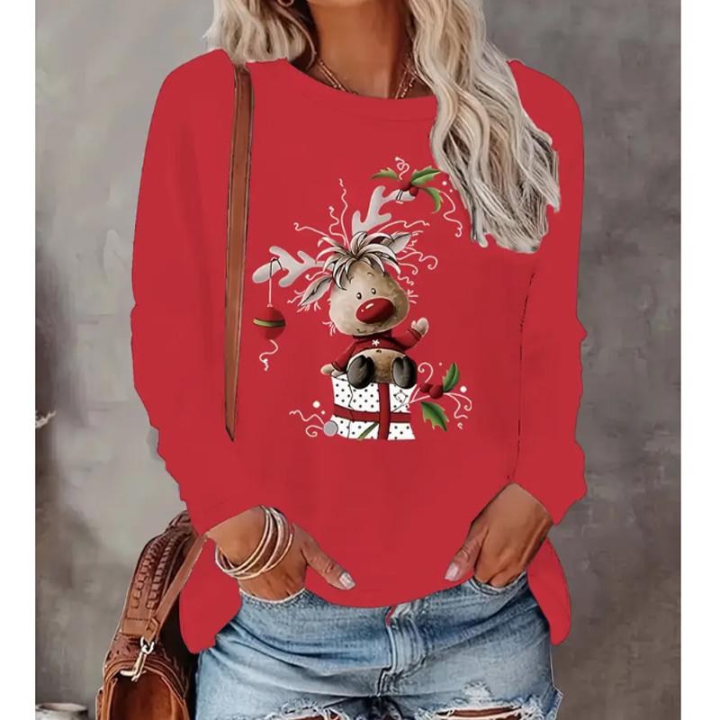 

2025 Осень и Зима Женский Новый Повседневный Топ с Круглым Вырезом и Длинным Рукавом с 3D Рождественским Узором 8XL красный