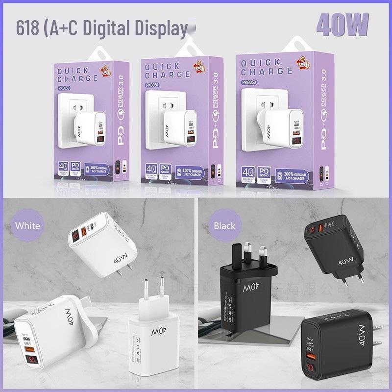 PD+USB Digital Display Charger 20W | QC 3.0 Fast Charging | EU/US/UK Plug
