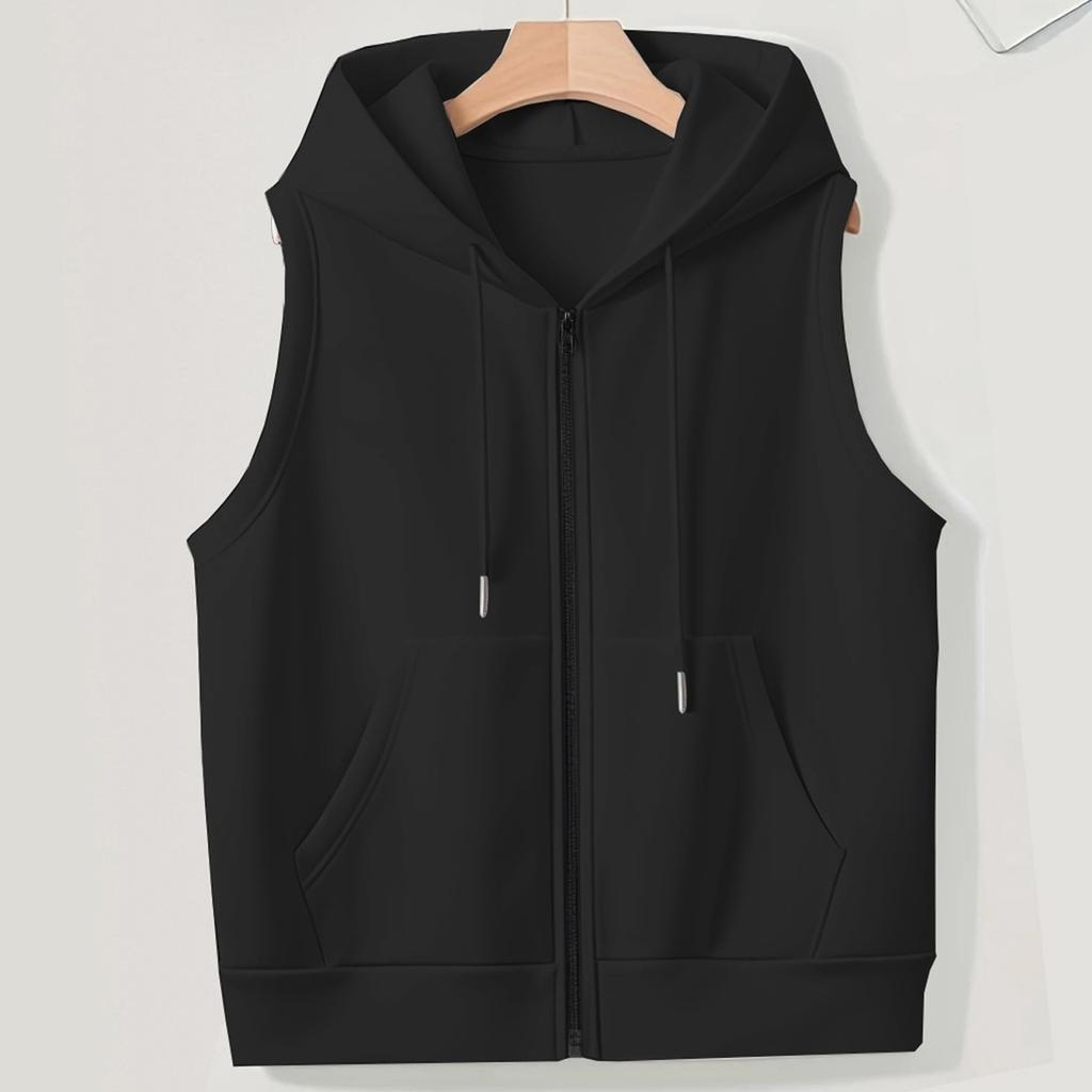 Women's Solid Color Plus Size Fashionable Hooded Drawstring Pocket Vest Top Jacket