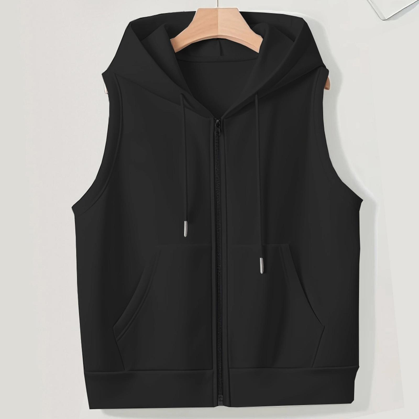 

Women s Solid Color Plus Size Fashionable Hooded Drawstring Pocket Vest Top Jacket XXXL чёрный