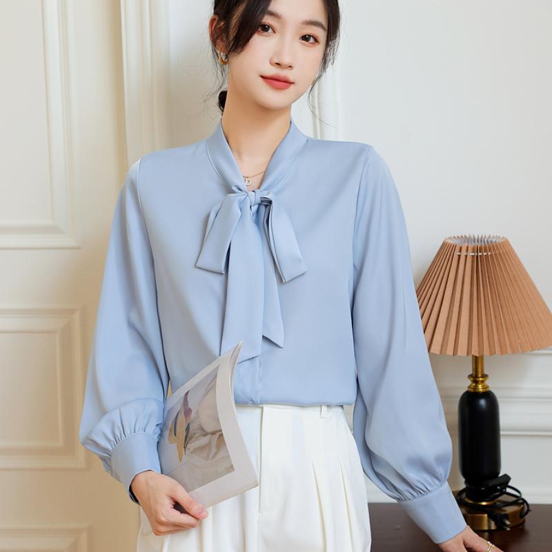 Mode Fliege Kragen Langarm Freizeit Hemd Damen Elegant Uni Schlicht Damen Blusen und Oberteile Vintage Slim Fit Weiße Bluse Damenbekleidung 25852