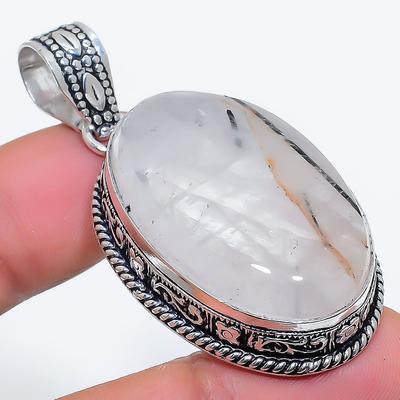 Natural Black Rutile Gemstone 925 Steling Silver Jewelry Pendant 2.13" Q2i78