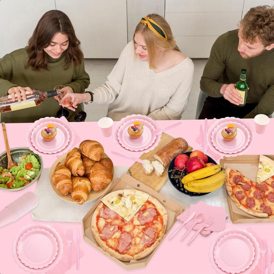176 Pcs Pink Paper Plates and Napkins Light Pink Party Supplies Include Scalloped Paper Plates Napkins Cup Plastic Tablecloth S