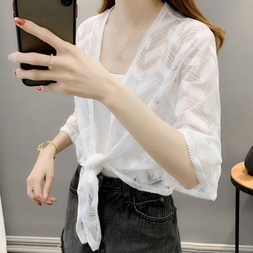 Hollow Out Chiffon Cardigan Sunscreen Jacket for Summer Paired with Lace Thin Outerwear Women's Shawl