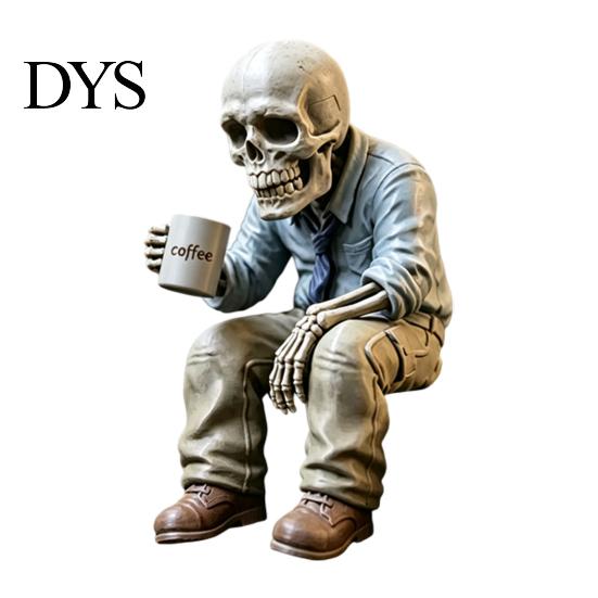 Working Man Skeleton Figure Funny Sitting Figurine Holding Coffee Cup, Vintage Resin Personalized Office Table Ornaments Desk Ornament, Unique