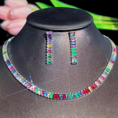 CMM 2Pcs Fashionable Golden Silvery Party Jewelry Pave Multicolor Cubic Zirconia Simple Choker Necklace Earrings Set for Women