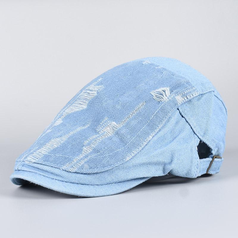 

Summer Beret Women Men Unisex 2025 Spring Flat Cap Vintage Made Old Holes Washed Cotton Denim Berets Chapeau Hommes Newsboy Hat светло-синий