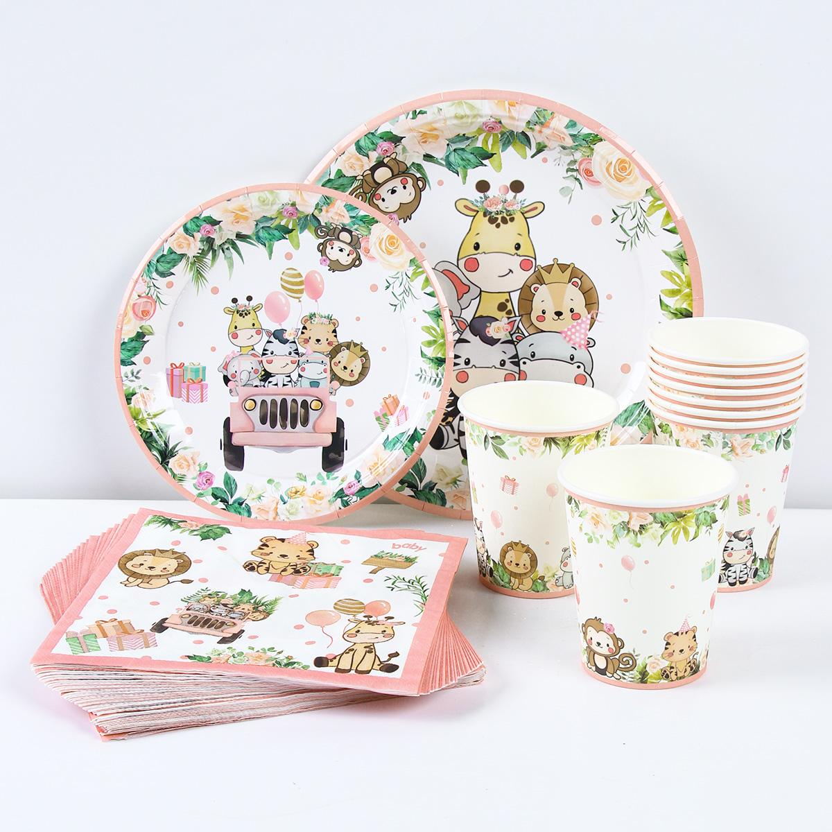 

Pink Jungle Animal Theme Party Tableware Jungle Safari Birthday Party Decoration Kids Girl Baby Shower Forest Party Supplies