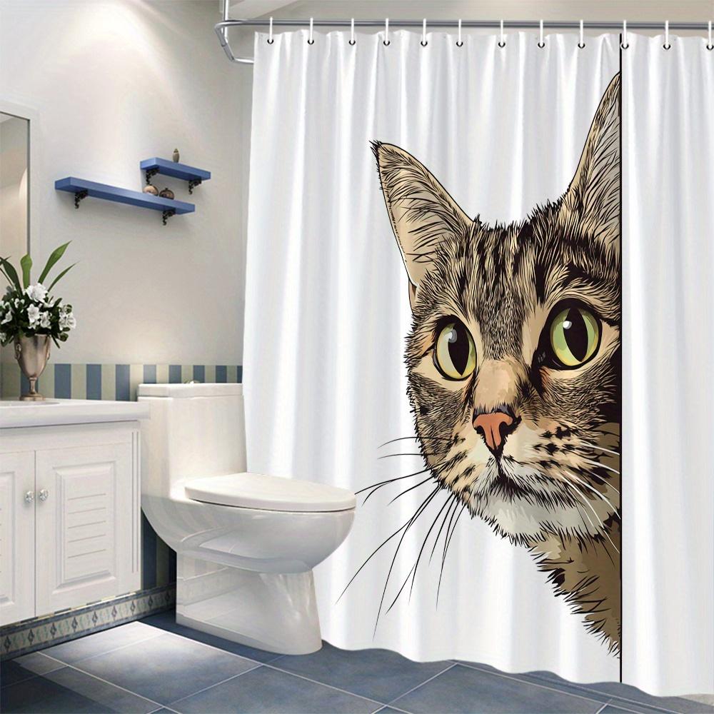 Tabby Cat Shower Curtain - Realistic Detailed Style with Brown, Black, Beige Cat & Green Eyes, Pink Nose, White Panel 48x72inch 120x180cm