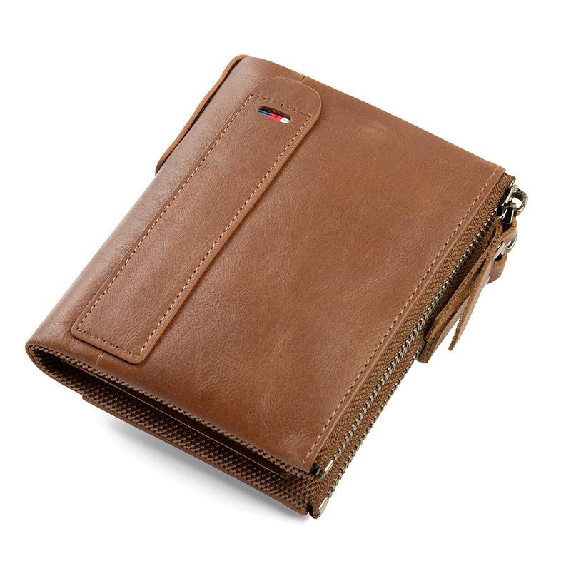 Portfel ze skóry licowej woskowanej z blokadą RFID – wielofunkcyjny, składany na pół, o dużej pojemności, z kieszenią na monety zapinaną na podwójny zamek błyskawiczny i klipsem na pieniądze