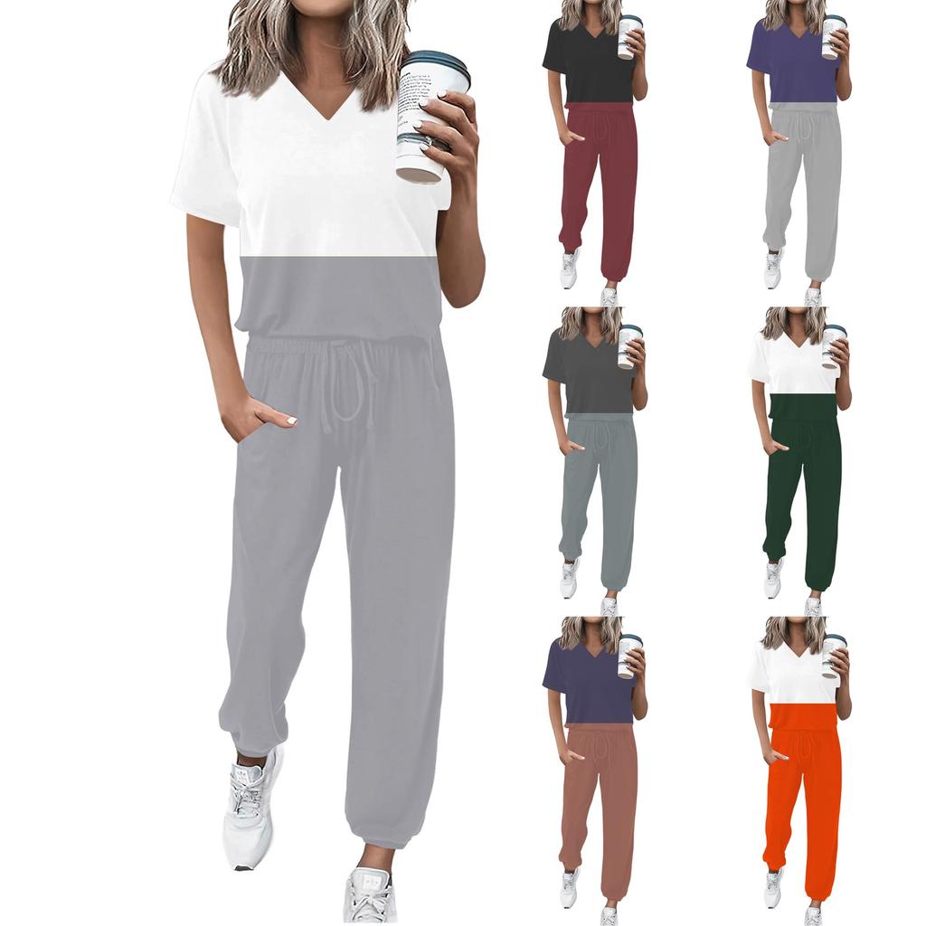 Damen Jogging Mode V-Ausschnitt Kurzarm Gürtel Lose Hosen Trainingsanzug