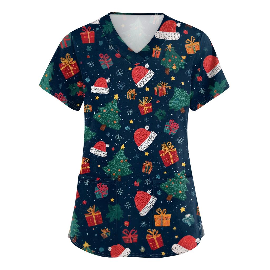 Women's V-neck Christmas printed short-sleeved pocket side-slit protective suit top