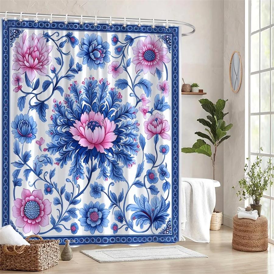 

1Pc Vintage Chinese Porcelain Style Shower Curtain - Blue & White Floral Design With Large Pink Peonies, Machine Washable Polyes W60H190(CM)-1 Pcs
