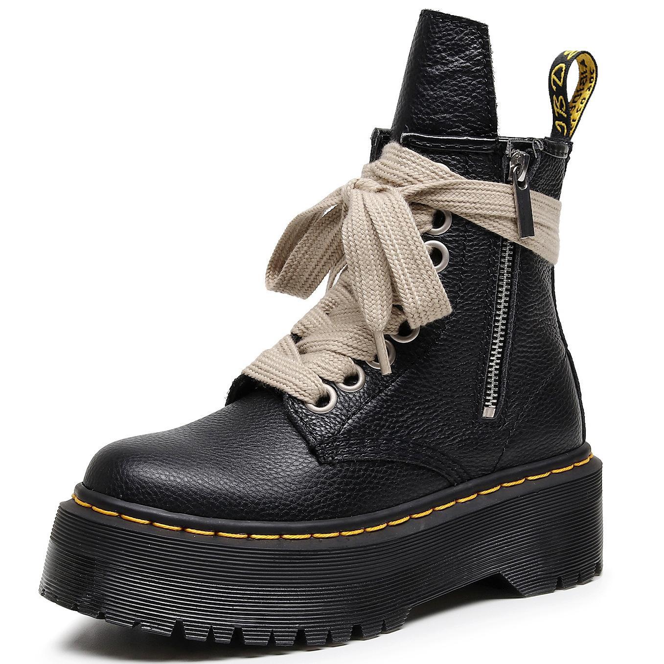 

Top layer thick bottom hole Martin boots women s side zipper lychee pattern short boots leather muffin bottom long tongue 34 чёрный