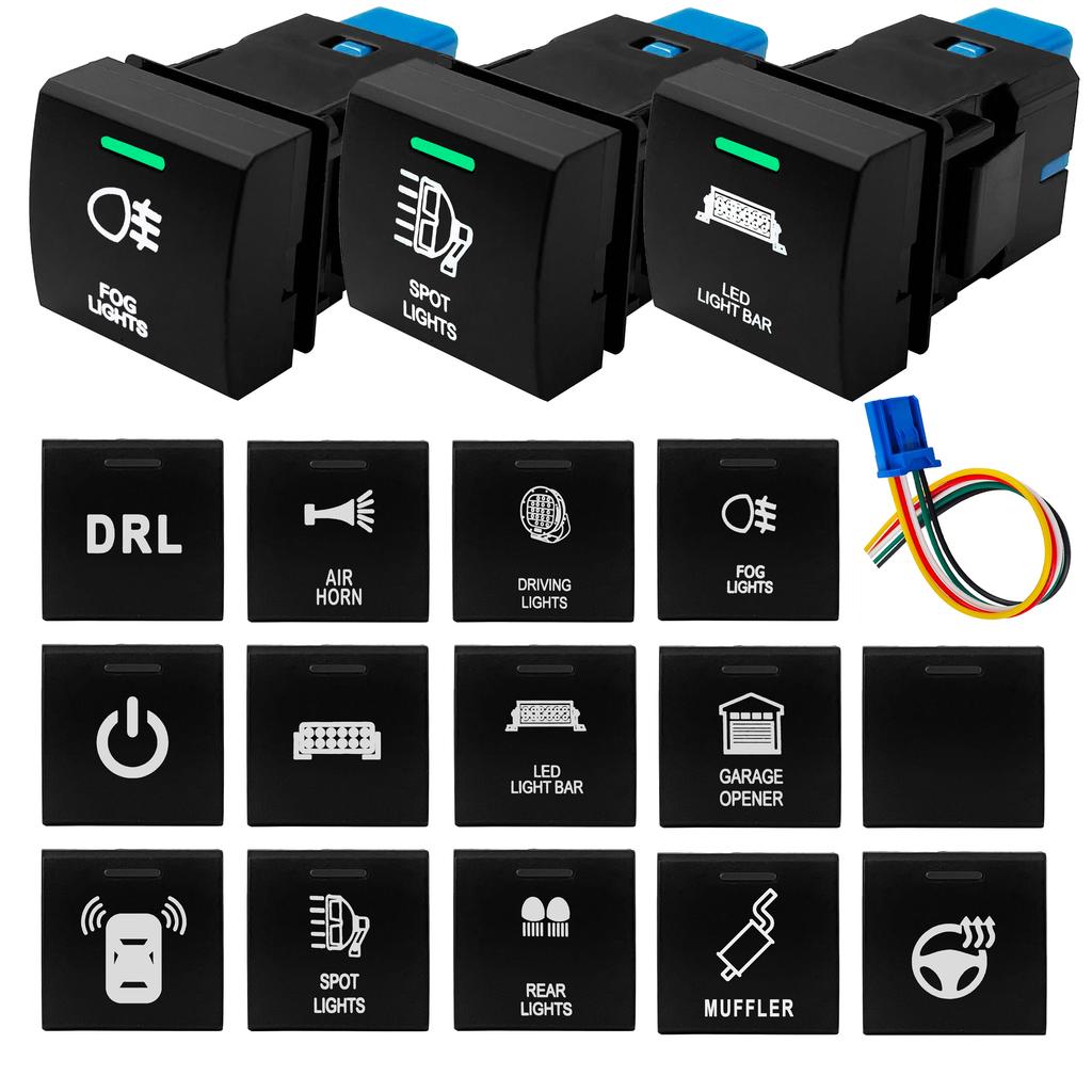 12V Green White LED Backlit Push Button Switch Power Horn Fixed Momentary Type For Toyota Prado 150 Series Corola Camry RAV4
