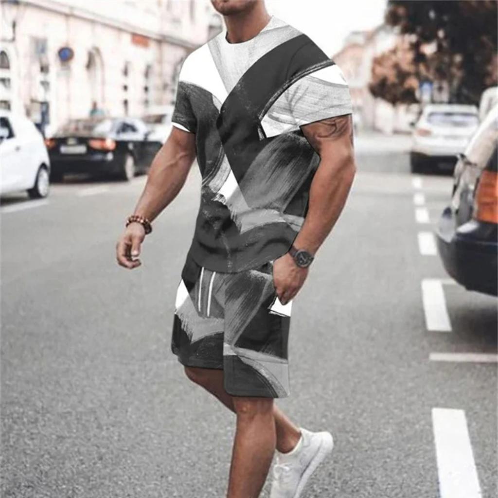 Summer Men's Oversized T-shirt Short-sleeved Sportswear Set White Black Crewneck Lion Print Fashion Comfortable Clothing