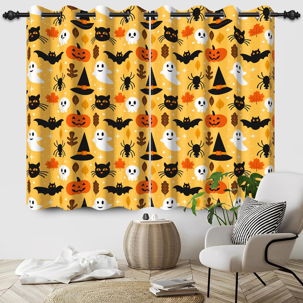 2pcs/set Horror Halloween Window Curtain Bat Spider Pumpkin Ghost Haunted House Home Decor Blackout Polyester Fabric Curtains