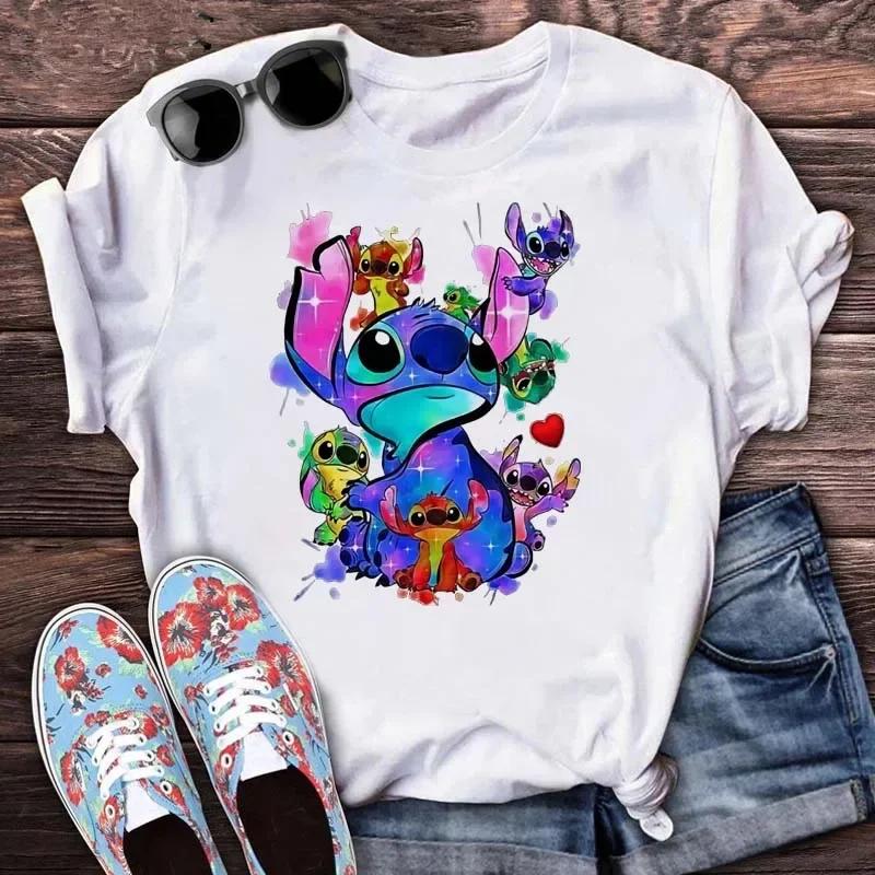 New Disney Women T-shirt Kawaii Lilo Stitch Print Tee Shirts Fashion Short Sleeve T Shirt Female Streetwear Y2k Clothes Top