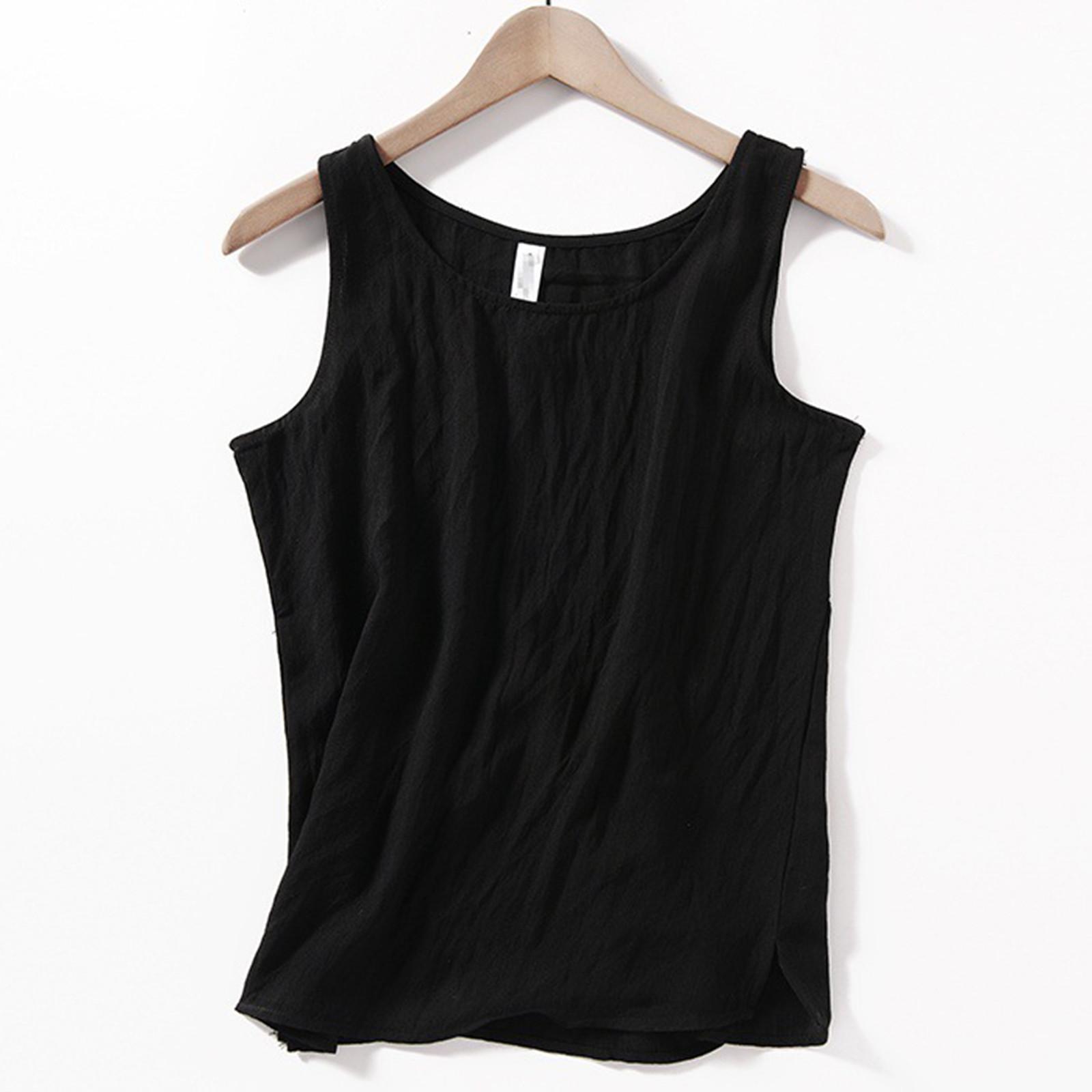 

Women s Summer Casual Fasion Color Sleeveless O-neck Stitching Cotton And Linen Vest Top XL чёрный