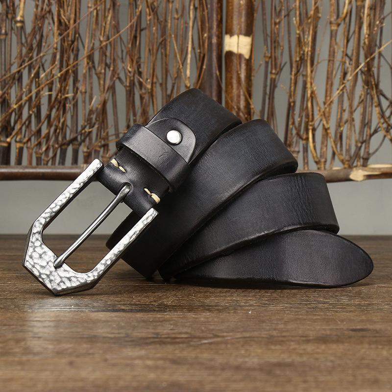 Retro Personalized Hammer Pattern Stainless Steel Button Head Belt Men'S Genuine Leather First Layer Cowhide Trend Versatile Denim Belt Men