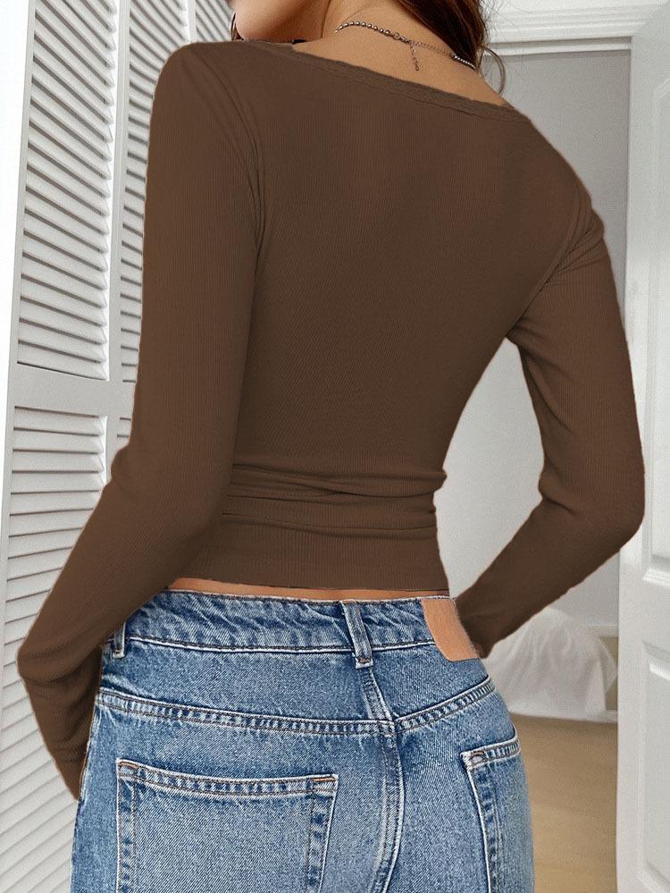 New Autumn/Winter 2025 European Lace Button V-Neck Slim Fit Long Sleeve Women's Top