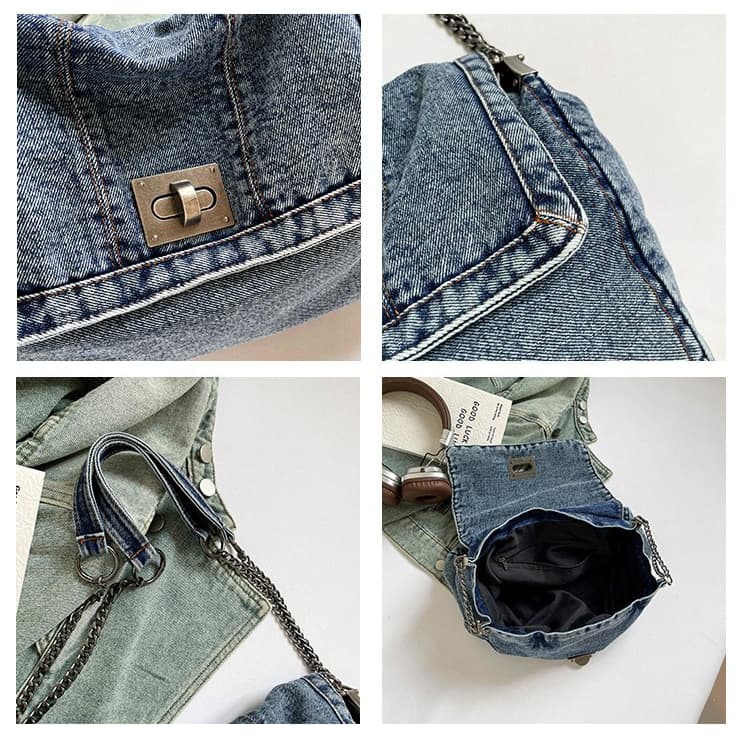 Vintage Washed Denim Chain Underarm Bag Tote Bag