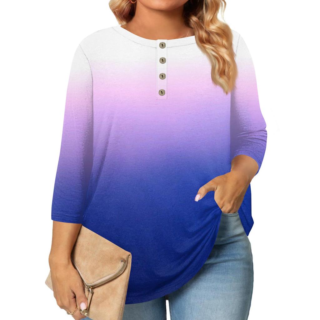Women's Large Size Print 3/4 Sleeve Button Collar Top T-Shirt Bottoming Shirt
