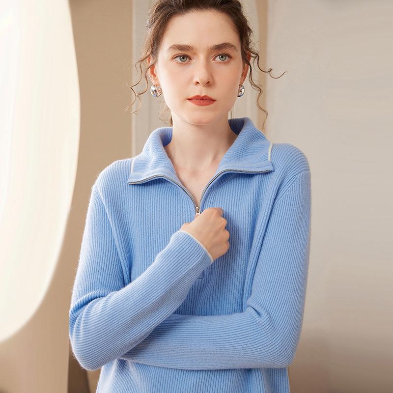 Thick Half-Zip Color-Block Cashmere Loose Knit Korean Pullover