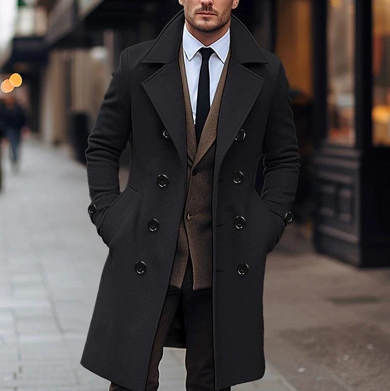 Men's Fashion Solid Color Woolen Coat Korean Version Double Breasted Mid Length Woolen Windbreaker Jacket