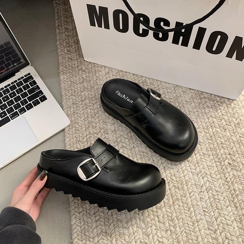 

Женские кожаные туфли на толстой подошве, увеличивающие рост, на весну 2025 года, новые модели для миниатюрных женщин, на одном ремешке, водонепроницаемые, с ленивым носком и полузадником. 35 чёрный