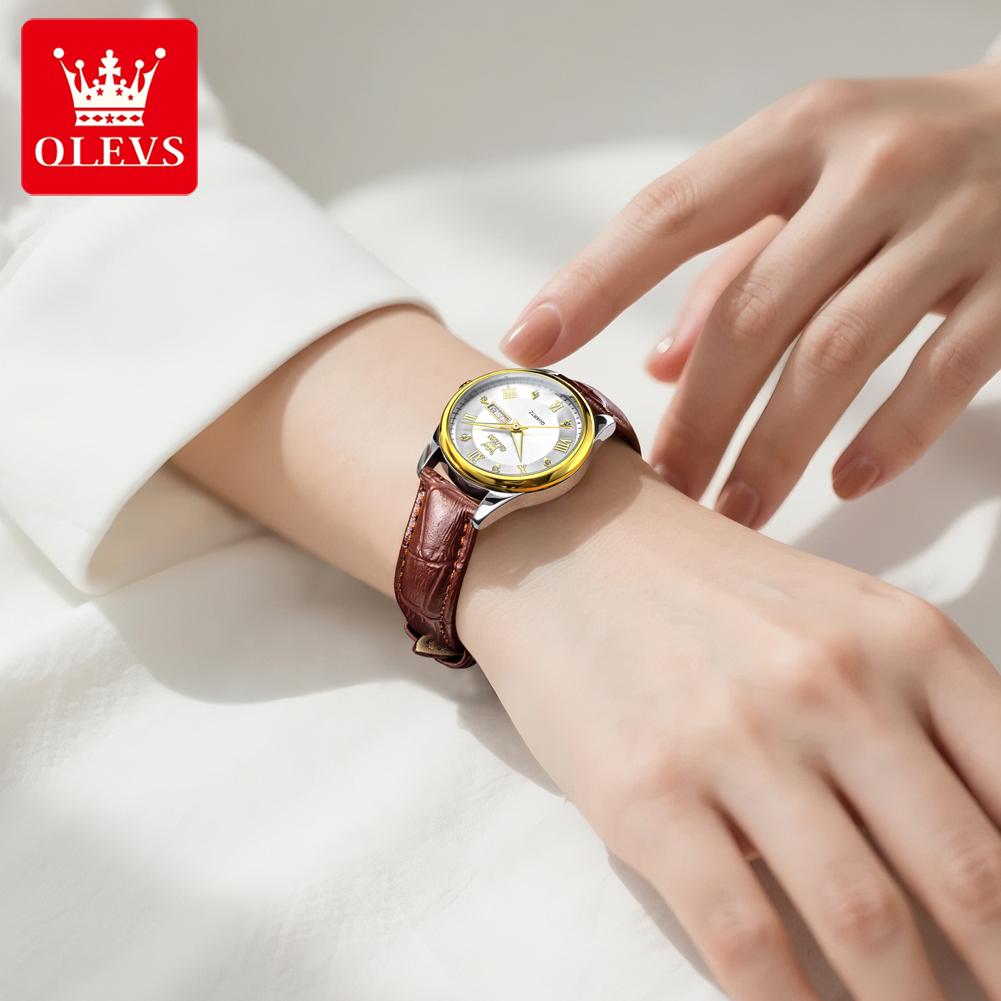 OLEVS 3649  Luxury     Brand Brown Leather Lady Waterproof Elegant Classic Business Woman Quartz Watch